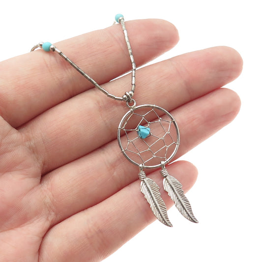 Old Pawn Sterling Silver Southwestern Turquoise Dreamcatcher Tribal Necklace 18"