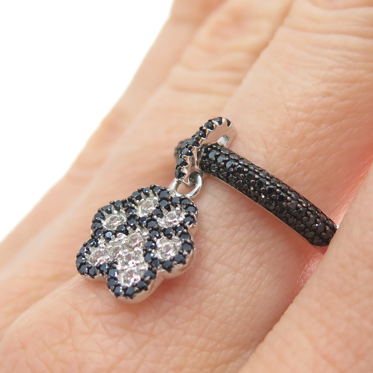 925 Sterling Silver Real Black Spinel & C Z Dog Paw Dangle Charm Ring Size 7.25