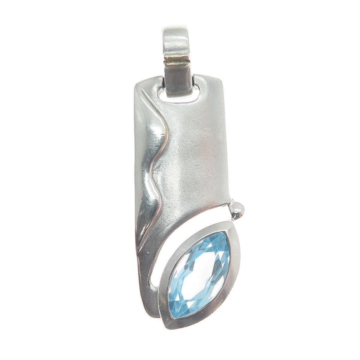 925 Sterling Silver Vintage Real Marquis-Cut Blue Topaz Gem Modernist Pendant