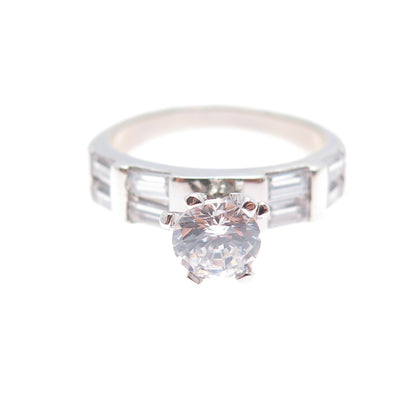 925 Sterling Silver Round & Emerald-Cut C Z Engagement Ring Size 7.25