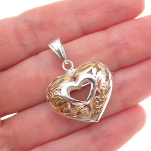 925 Sterling Silver 2-Tone Vintage Floral Scroll Heart Charm Pendant