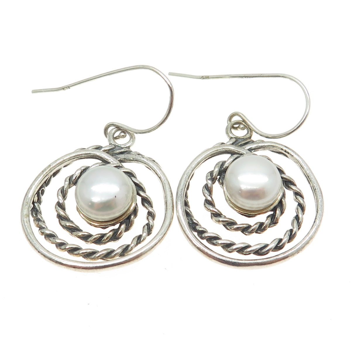 OR PAZ PZ 925 Sterling Silver Vintage Israel Real Pearl Modernist Roped Earrings