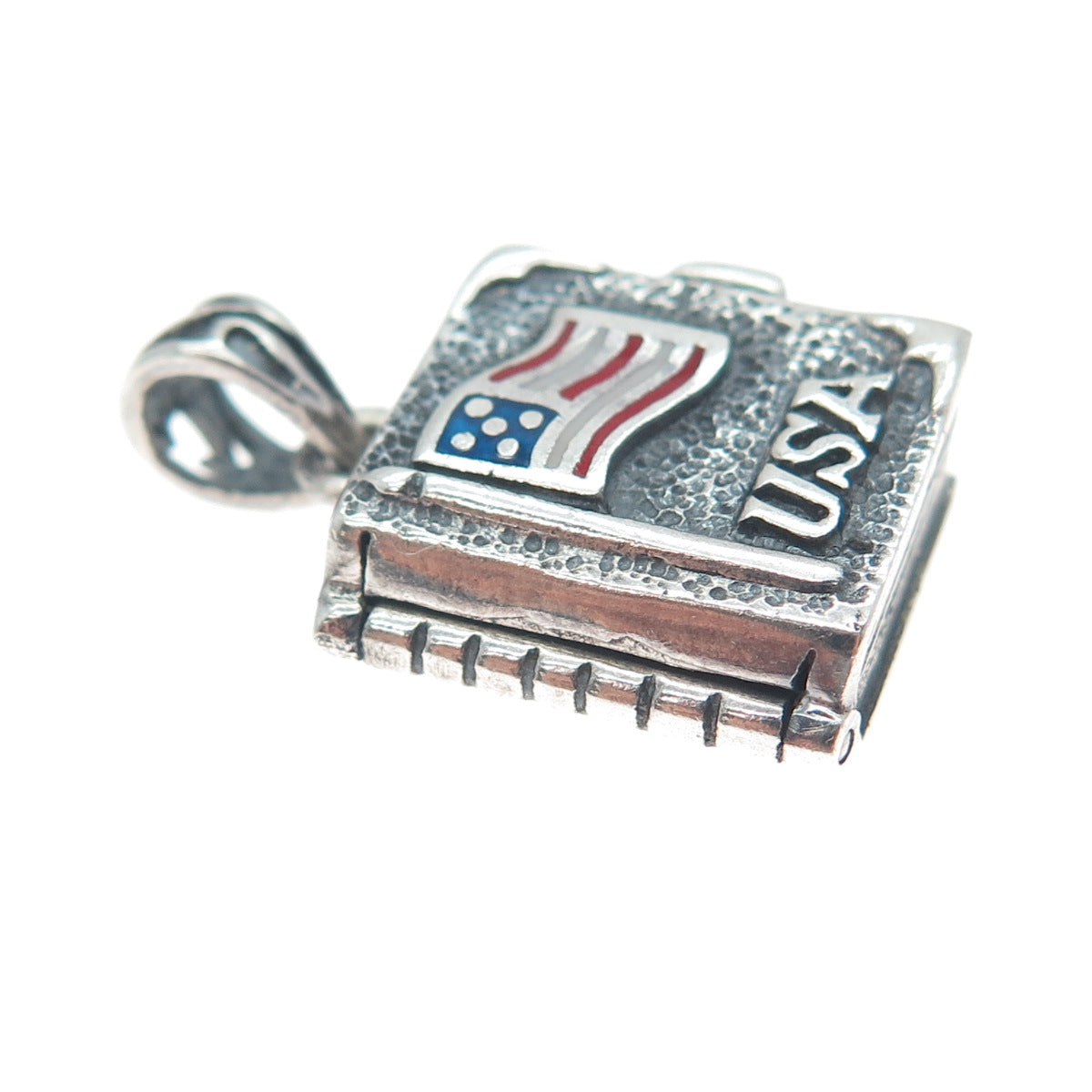 925 Sterling Silver Vintage Enamel USA Flag Cross Locket Oxidized Charm Pendant
