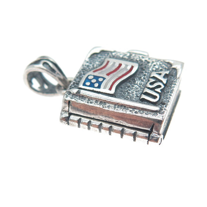 925 Sterling Silver Vintage Enamel USA Flag Cross Locket Oxidized Charm Pendant