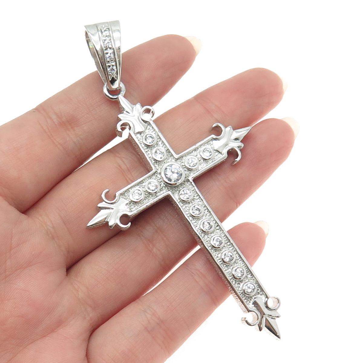 925 Sterling Silver Round-Cut Shaped C Z Fleur-de-Lis Cross Pendant