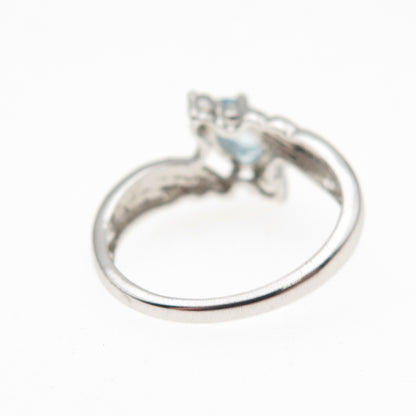 925 Sterling Silver Real Blue Topaz & C Z Bypass Ring Size 6