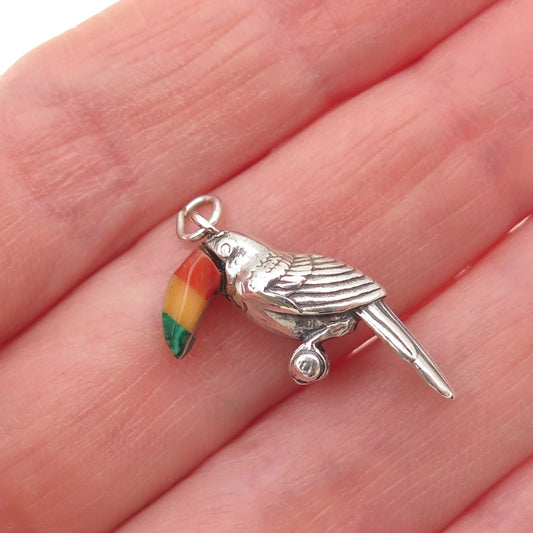 925 Sterling Silver Vintage Real Malachite Coral & MOP Parrot Mini Charm Pendant