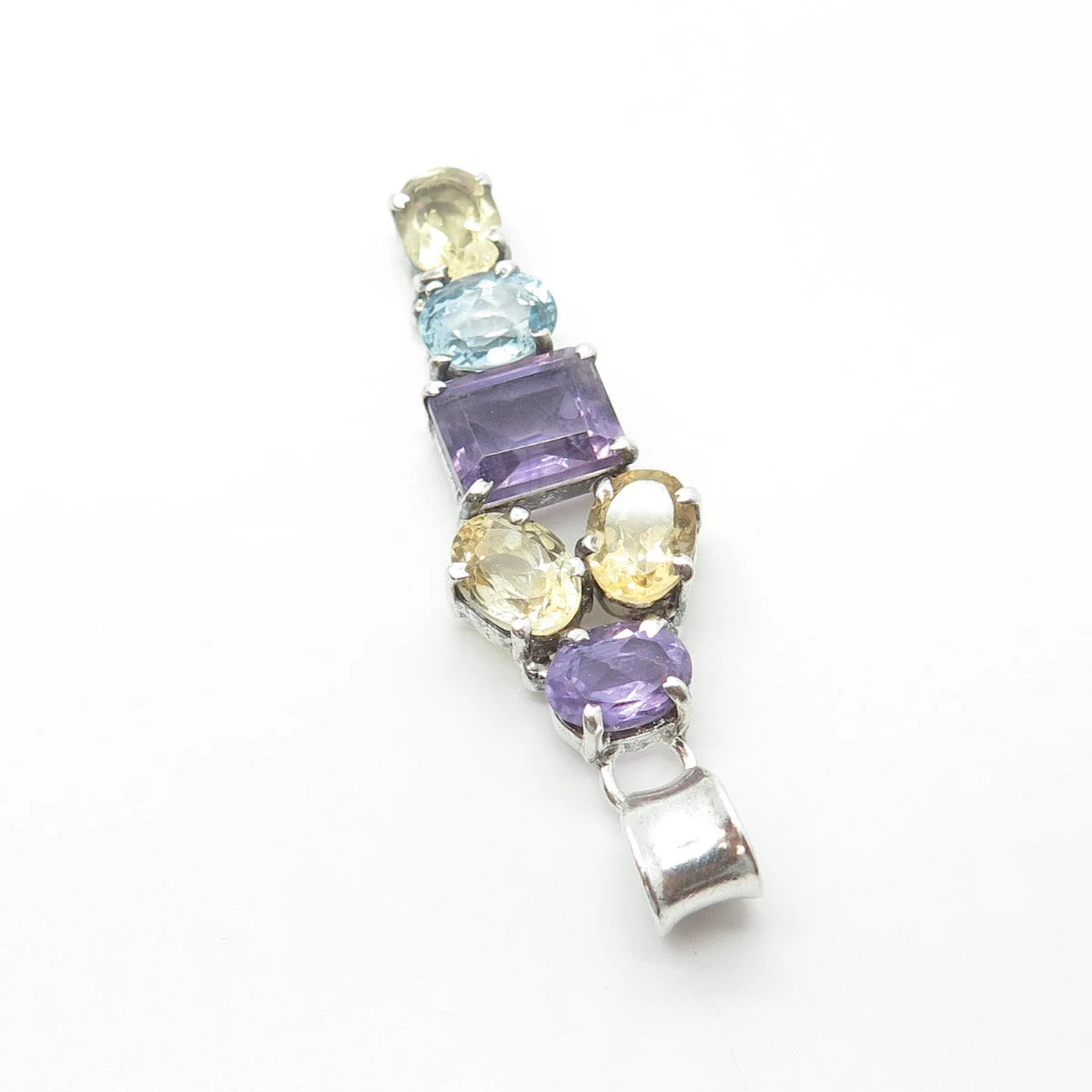 925 Sterling Silver Vintage Real Citrine & Amethyst & Blue Topaz Pendant