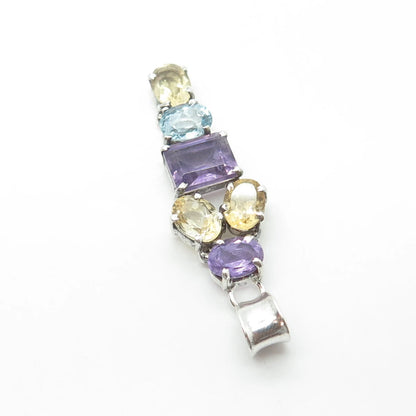 925 Sterling Silver Vintage Real Citrine & Amethyst & Blue Topaz Pendant