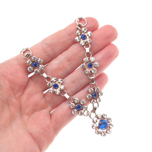 925 Sterling Silver Antique Art Deco Blue & White Rhinestone Floral Necklace 16"