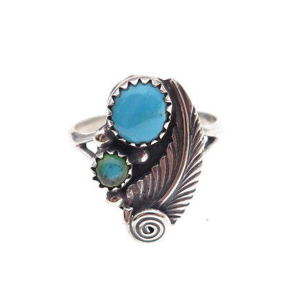 Old Pawn 925 Sterling Silver Vintage Turquoise Feather Tribal Ring Size 8.5