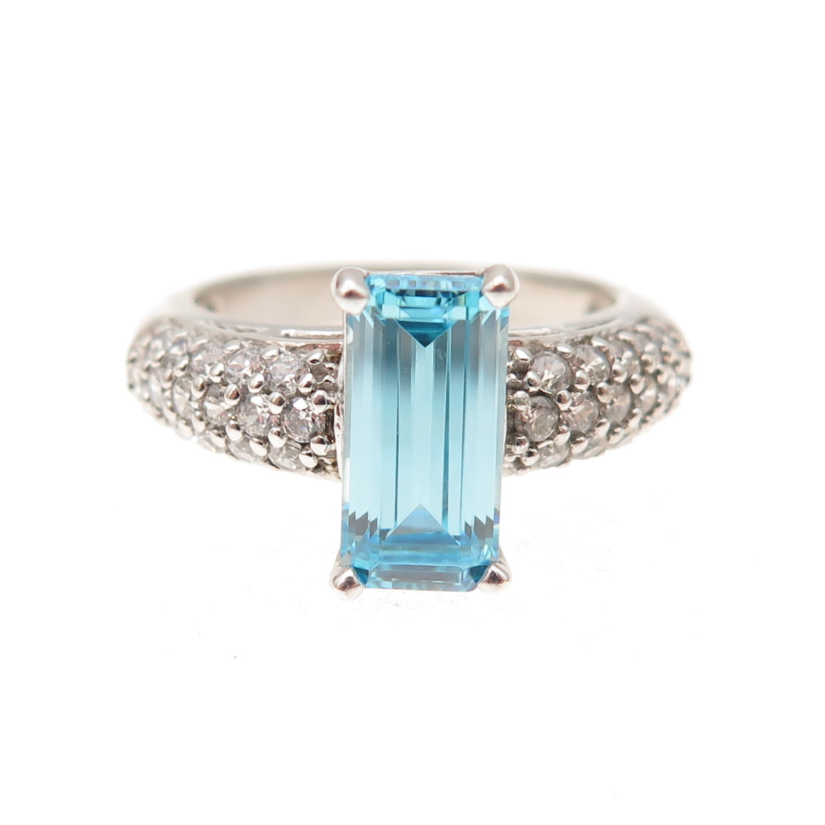 925 Sterling Silver Emerald-Cut Blue & Round-Cut White C Z Ring Size 5.25