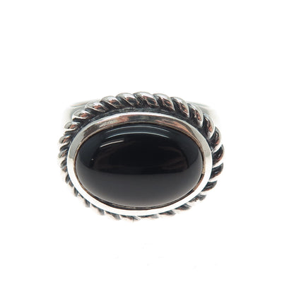 925 Sterling Silver Vintage Real Cabochon Black Onyx Oxidized Ring Size 7.25