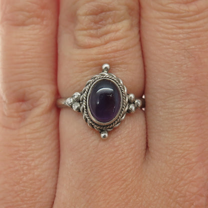 925 Sterling Silver Vintage Real Cabochon Amethyst Oxidized Ring Size 5.75