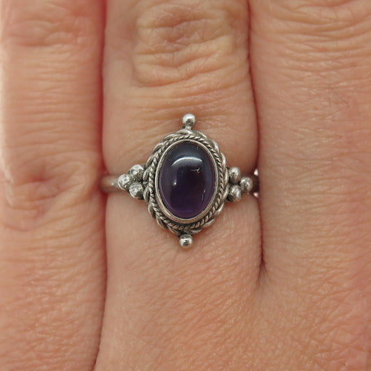 925 Sterling Silver Vintage Real Cabochon Amethyst Oxidized Ring Size 5.75