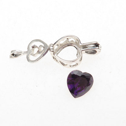 925 Sterling Vintage Real Amethyst Interchangeable Heart Cage Mini Charm Pendant