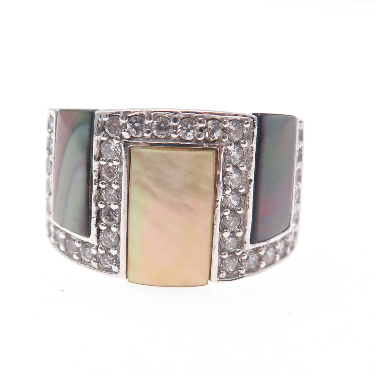 925 Sterling Silver Real Abalone Shell MOP & C Z Ring Size 9.5