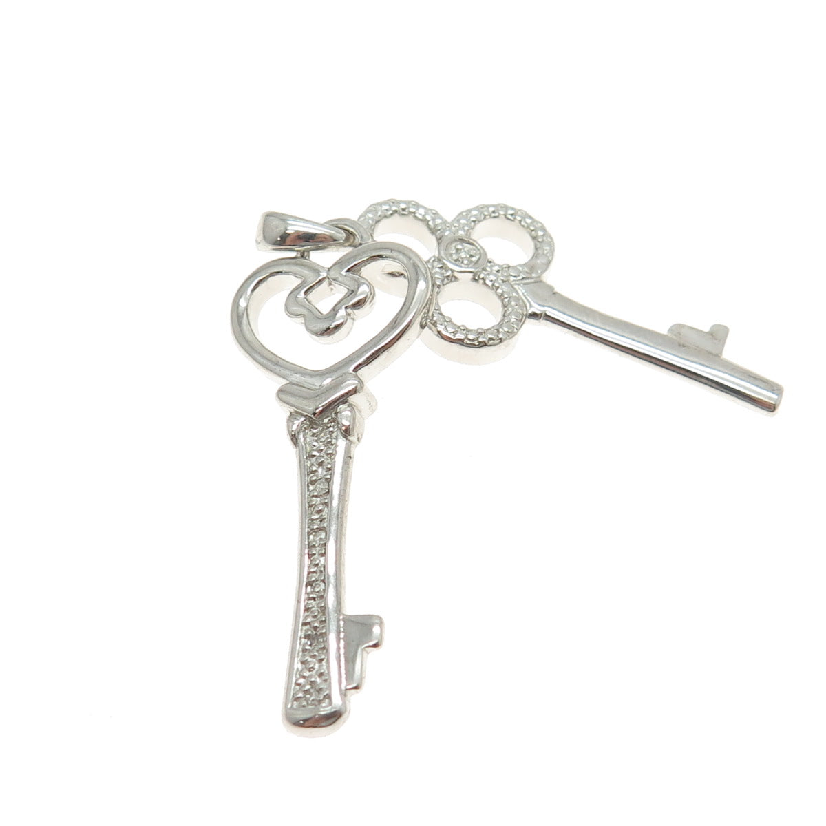 925 Sterling Silver Real Round-Cut Diamond Club & Heart Key Charm Pendant