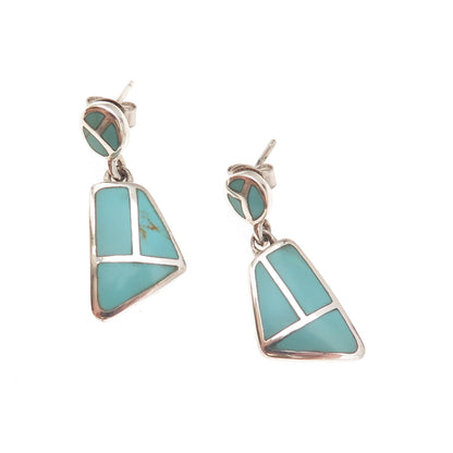 925 Sterling Silver Vintage Real Tyrone Turquoise Modernist Dangle Earrings