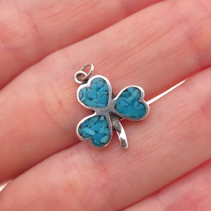 Tommy Long Navajo Old Pawn 925 Sterling Vintage Turquoise Inlay Clover Pendant