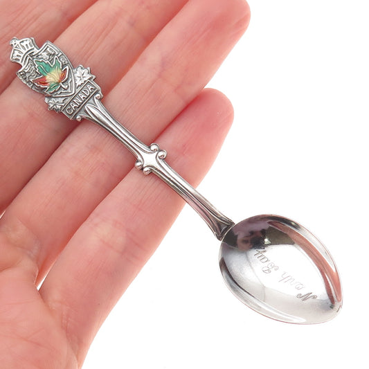 ECCO 925 Sterling Silver Antique Art Deco Enamel Canada Maple Leaf Coffee Spoon