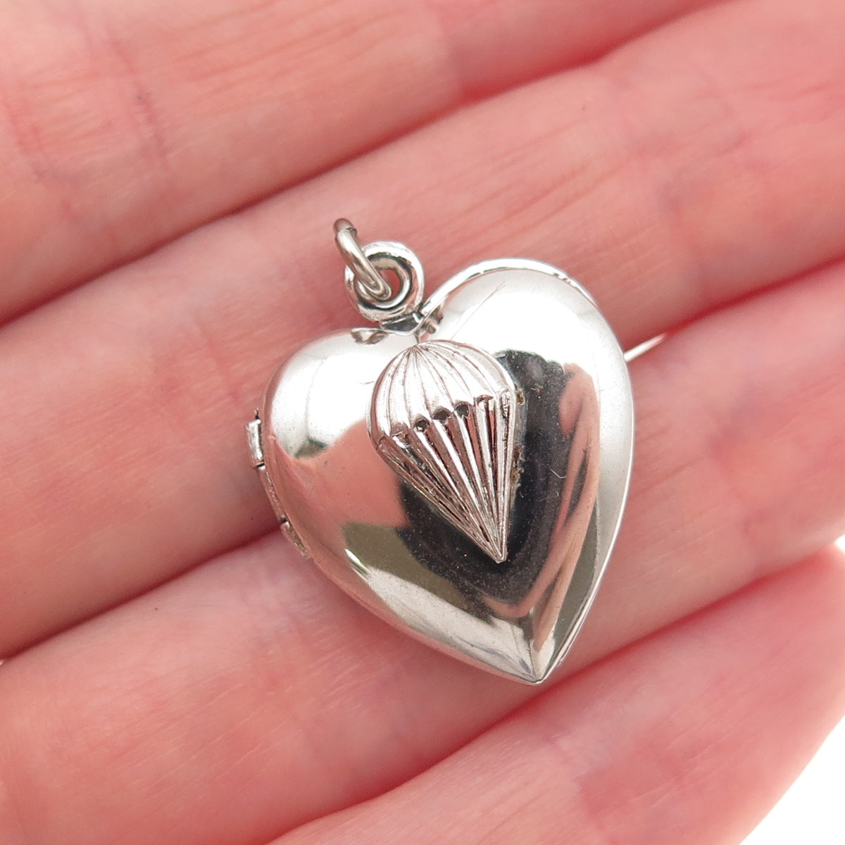 925 Sterling Silver Vintage Parachute Heart Locket Charm Pendant