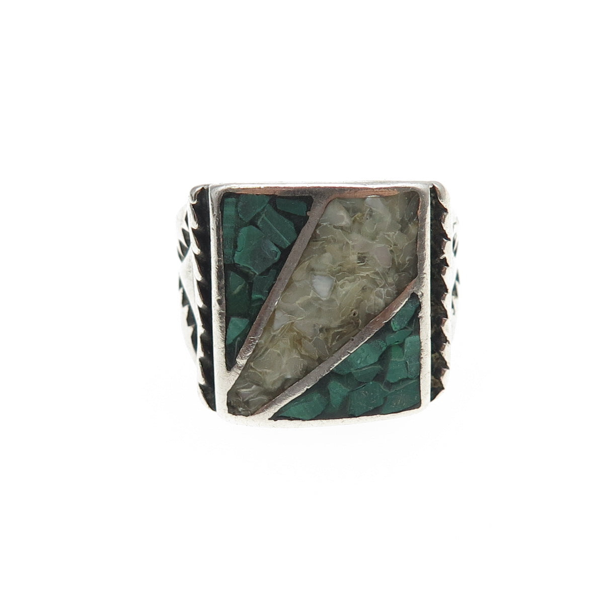 Old Pawn Sterling Silver Vintage Southwestern Malachite MOP Inlay Ring Size 10.5