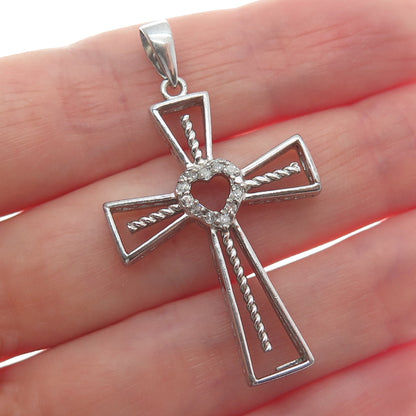 925 Sterling Silver Real Round-Cut Diamond Heart Cross Charm Pendant