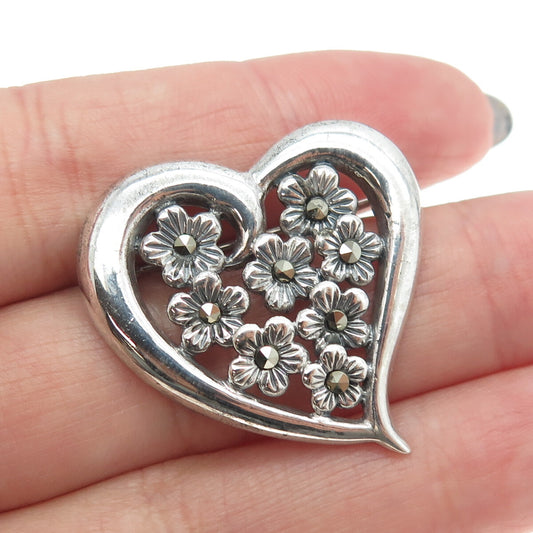 925 Sterling Silver Vintage Real Marcasite Floral Blossom Heart Pin Brooch