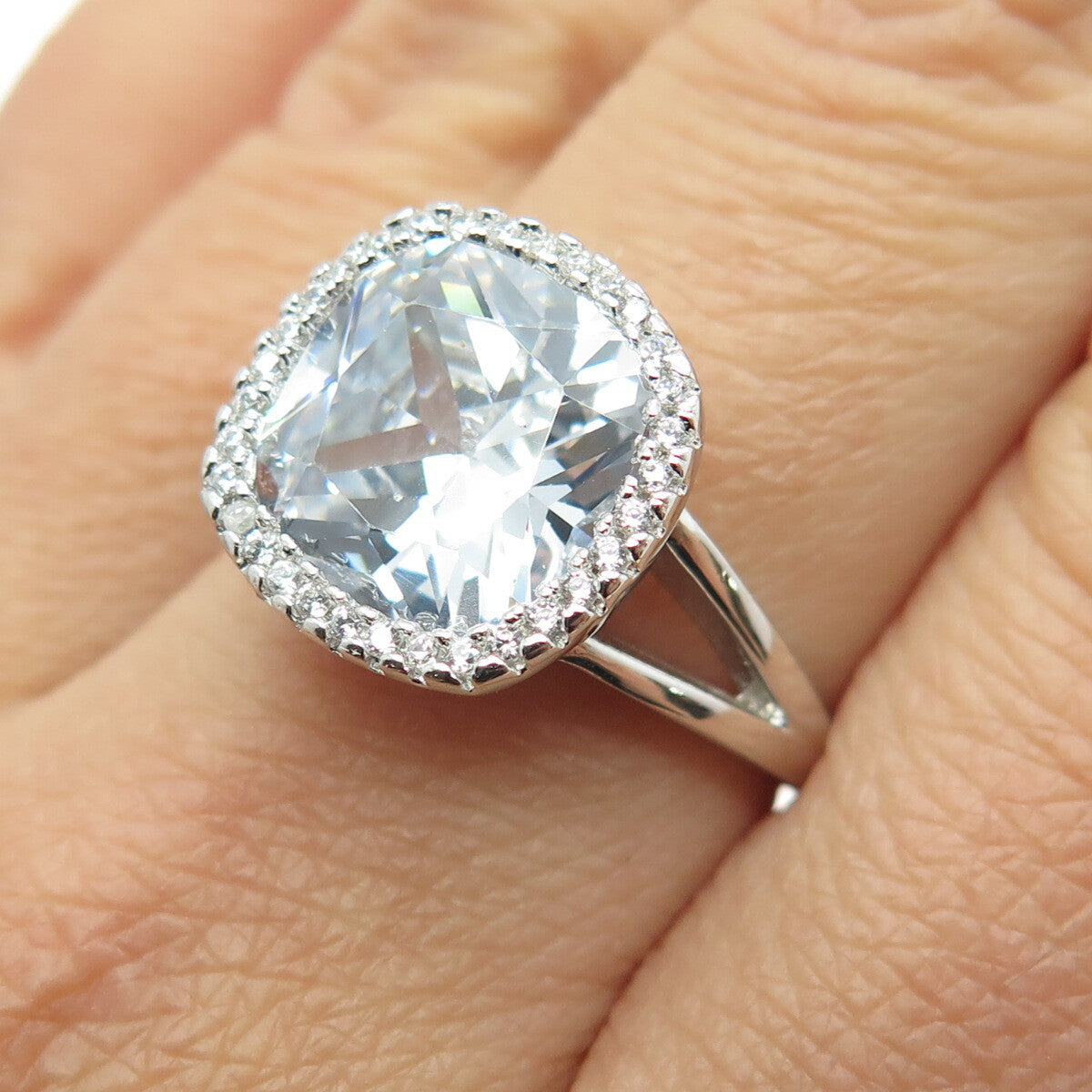 925 Sterling Silver Cushion & Round-Cut White C Z Engagement Ring Size 8