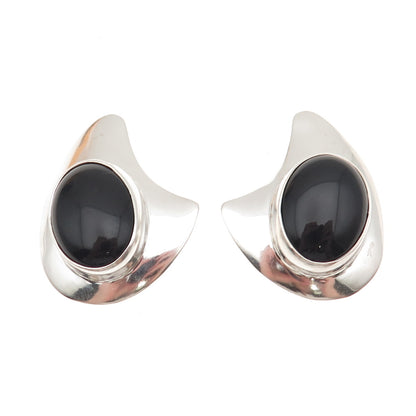 925 Sterling Silver Vintage Real Black Onyx Modernist Clip On Earrings
