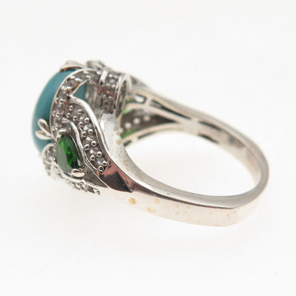 925 Sterling Silver Real Turquoise Peridot & White Topaz Ring Size 8.25