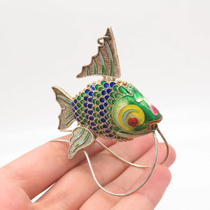 925 Sterling Silver Enamel Antique Articulated Chinese Koi Fish Chatelaine Fob