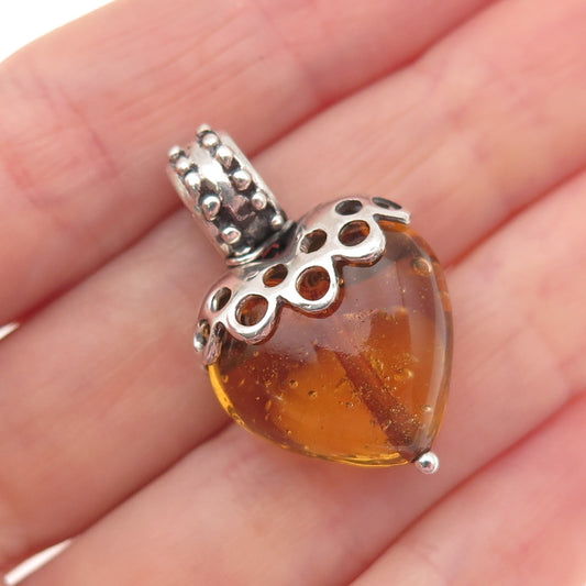 ANSA 925 Sterling Silver Vintage Yellow Glass Modernist Heart Charm Pendant