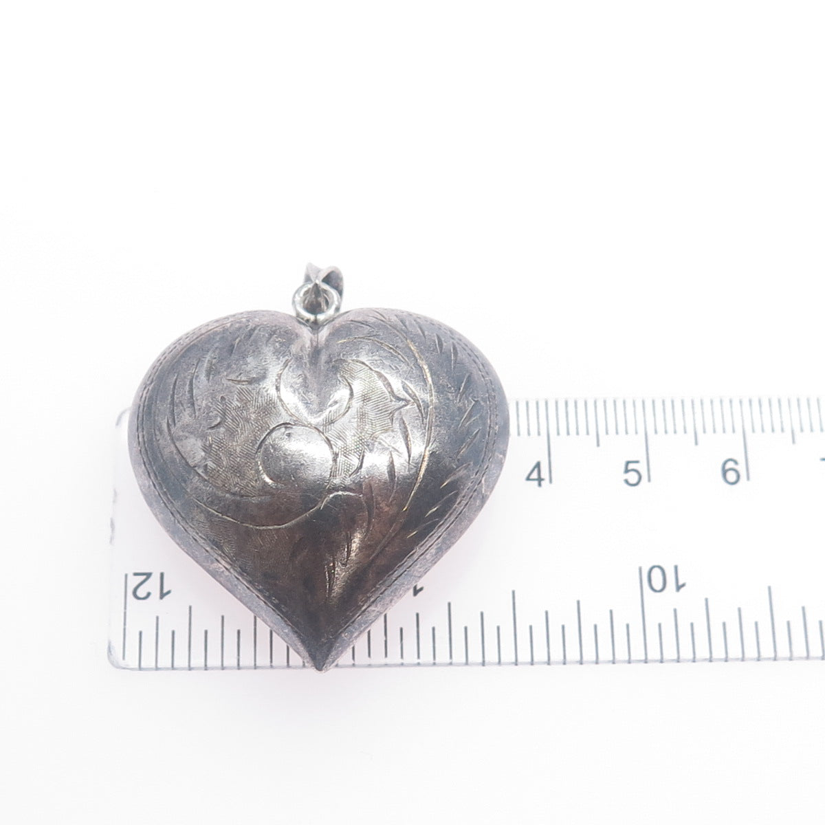 925 Sterling Silver Vintage Engraved Puffy Heart Oxidized Charm Pendant