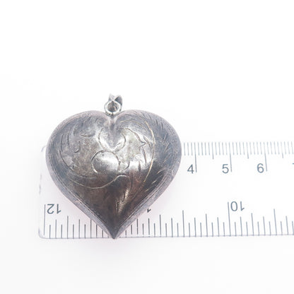925 Sterling Silver Vintage Engraved Puffy Heart Oxidized Charm Pendant
