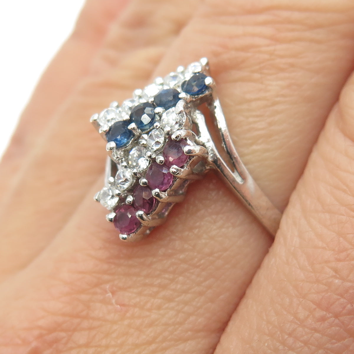 925 Sterling Silver Real Round-Cut Sapphire Ruby & C Z Ring Size 7.75