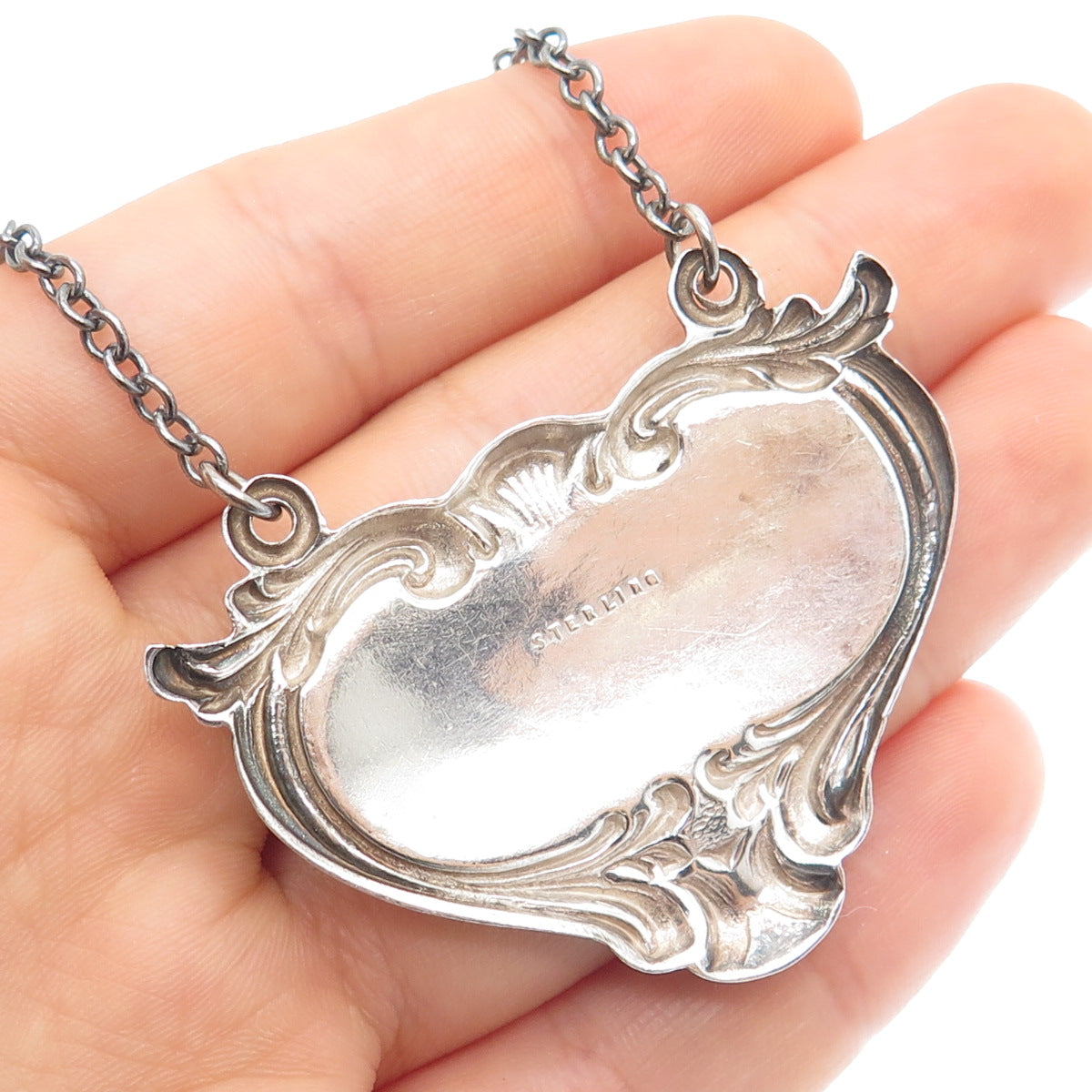 925 Sterling Silver Antique Art Deco Rye Repousse Bottle Tag