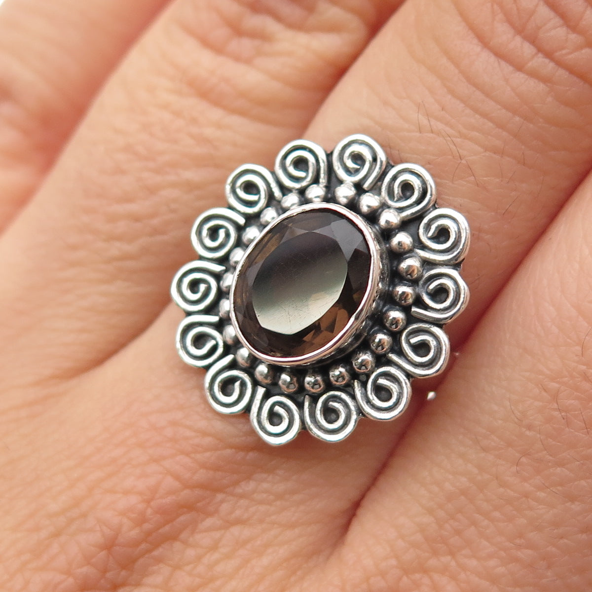 925 Sterling Silver Vintage Real Smoky Quartz Spiral Oxidized Ring Size 6.5