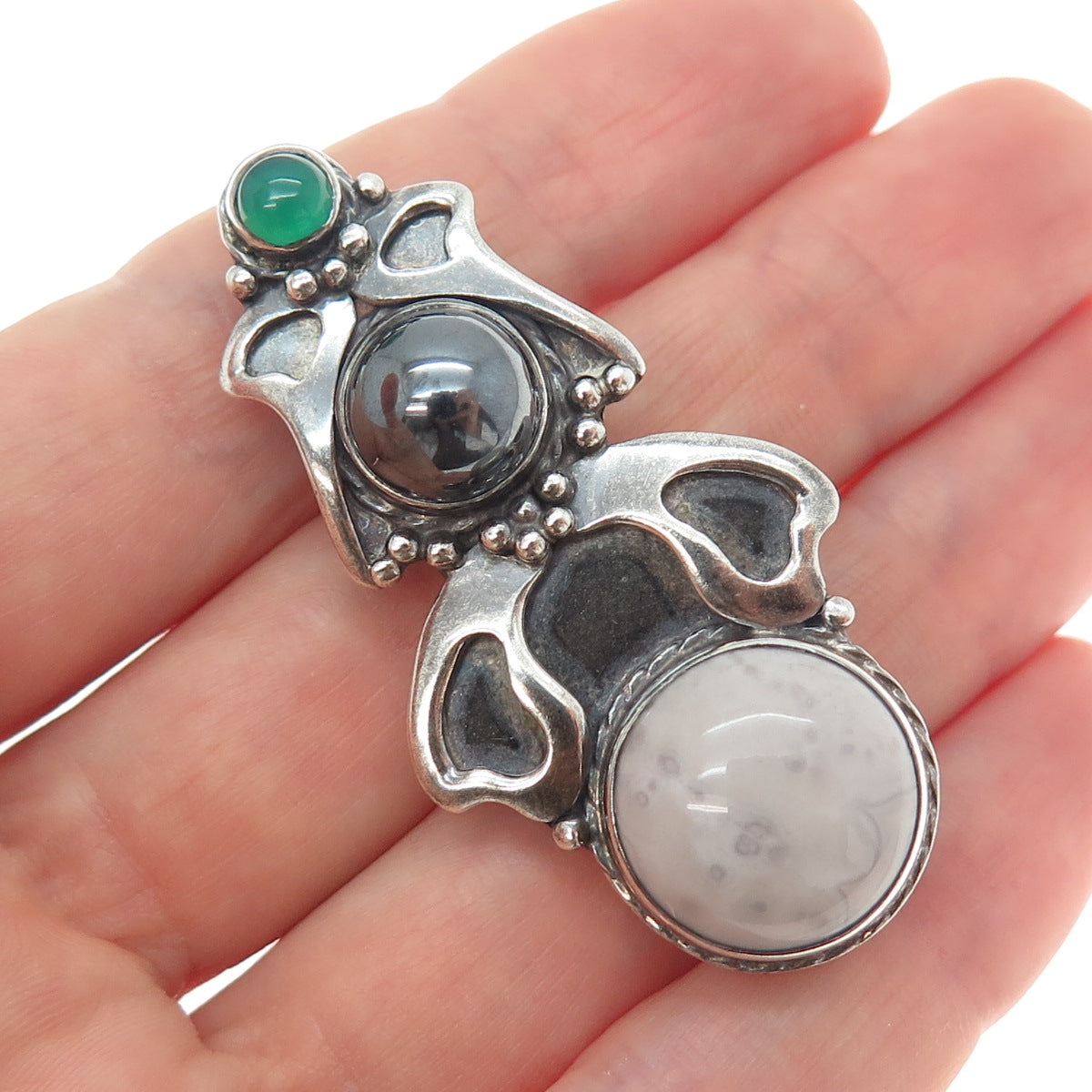 I. HEMME 925 Sterling Silver Vintage Jasper Hematite Chalcedony Oxidized Brooch