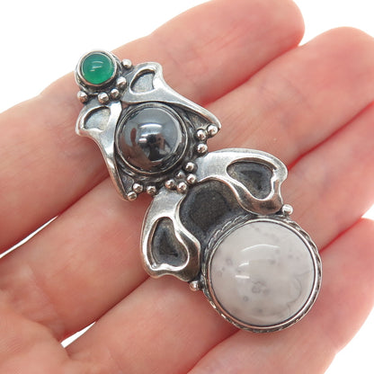 I. HEMME 925 Sterling Silver Vintage Jasper Hematite Chalcedony Oxidized Brooch