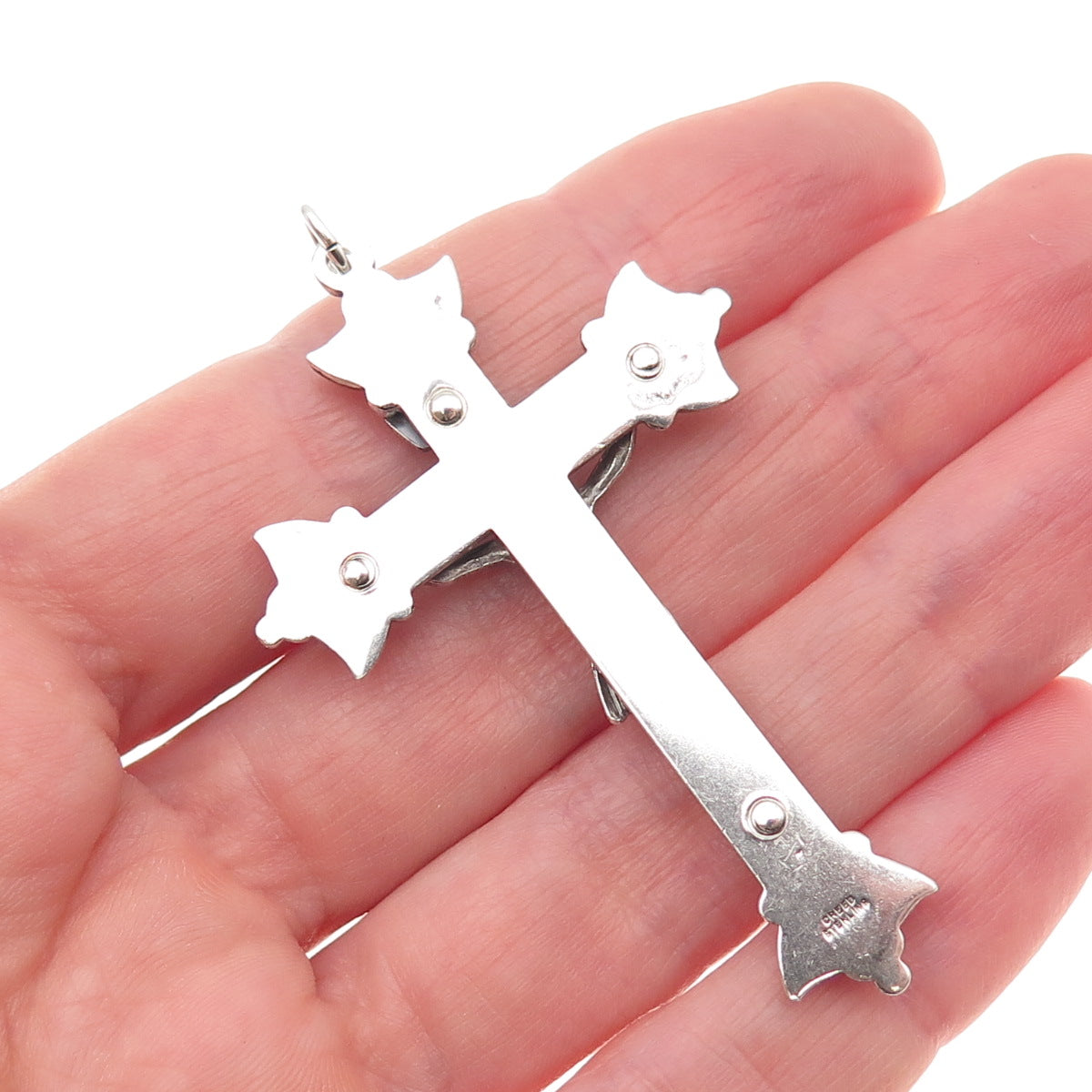 Creed 925 Sterling Silver Antique Art Deco Crucifix Cross Oxidized Charm Pendant
