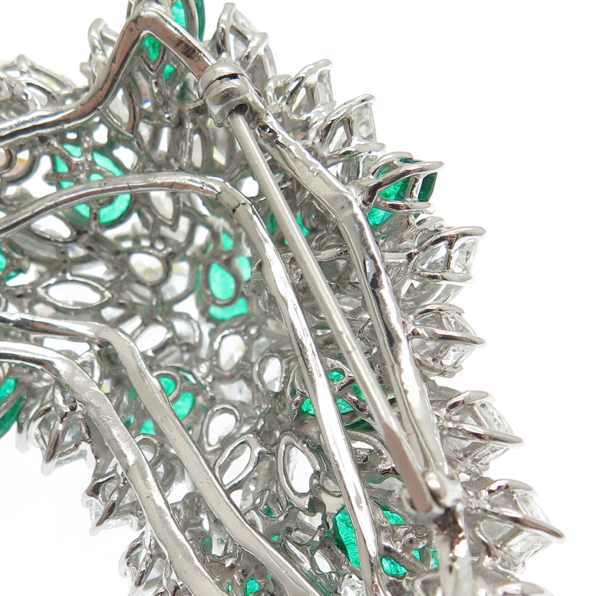 925 Sterling Silver Vintage Pear & Marquise Nano Emerald C Z Sparkle Pin Brooch