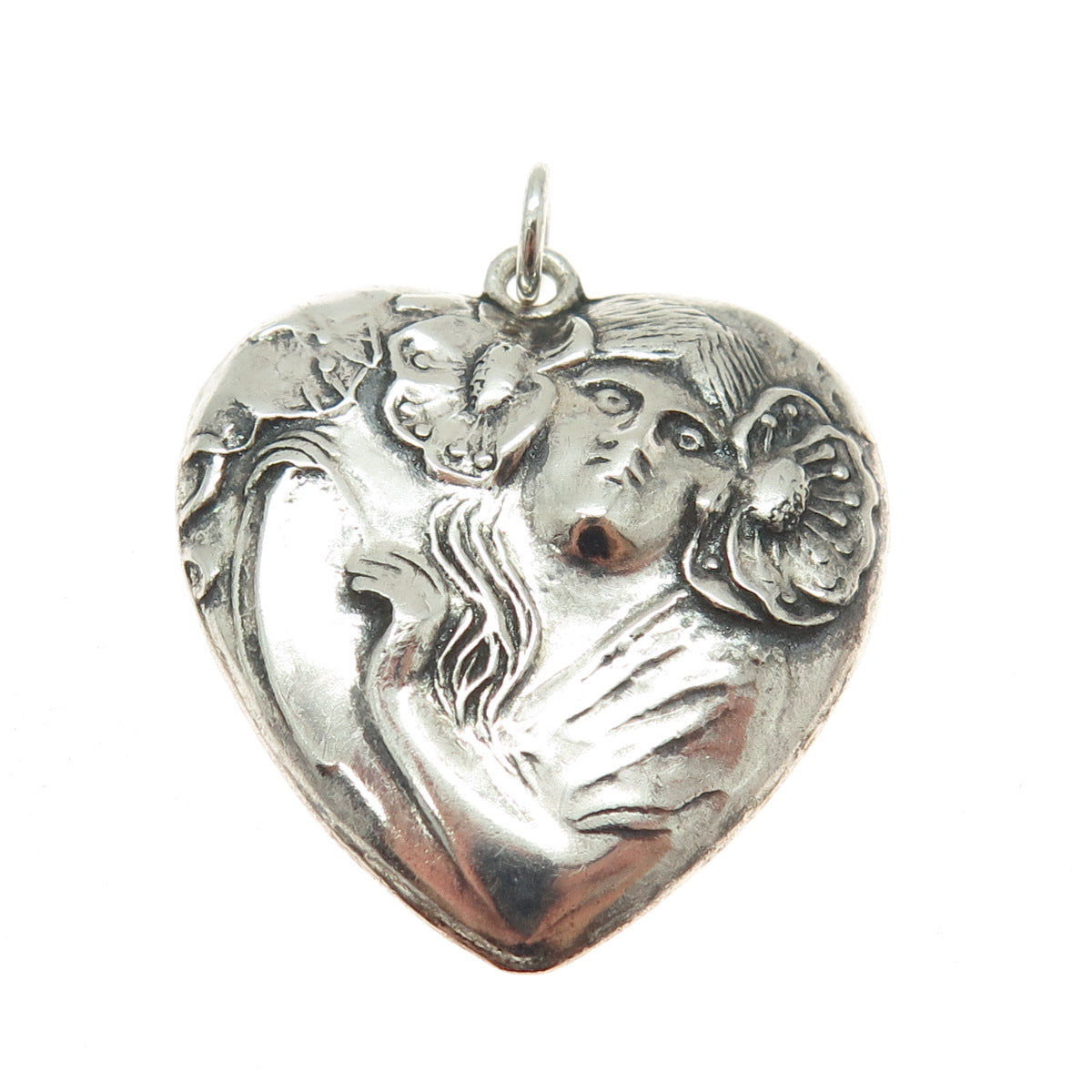 925 Sterling Silver Vintage Repousse Floral Lady Heart Oxidized Pendant