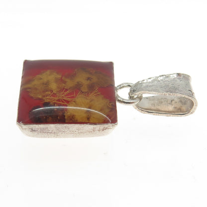 925 Sterling Silver Vintage Mexico Glass Pressed Flower Pendant