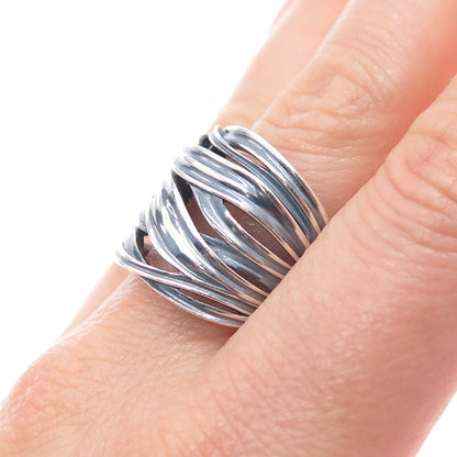 925 Sterling Silver Vintage Modernist Crisscross Oxidized Ring Size 10