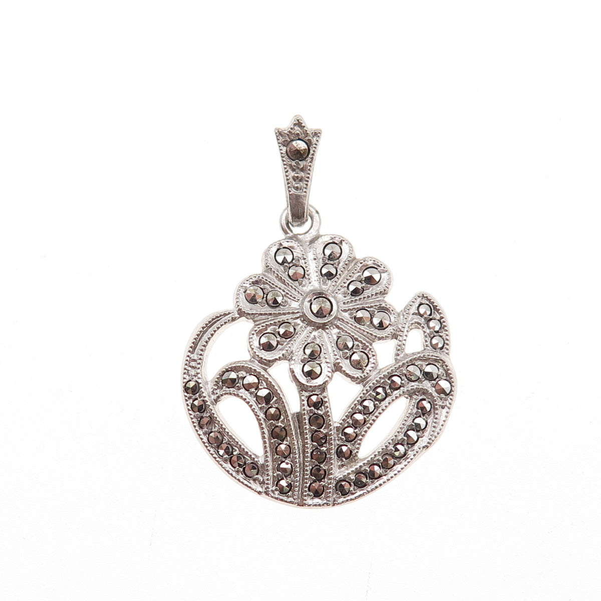 Kimler & Daniel Sterling Silver Antique Art Deco Real Marcasite Floral Pendant