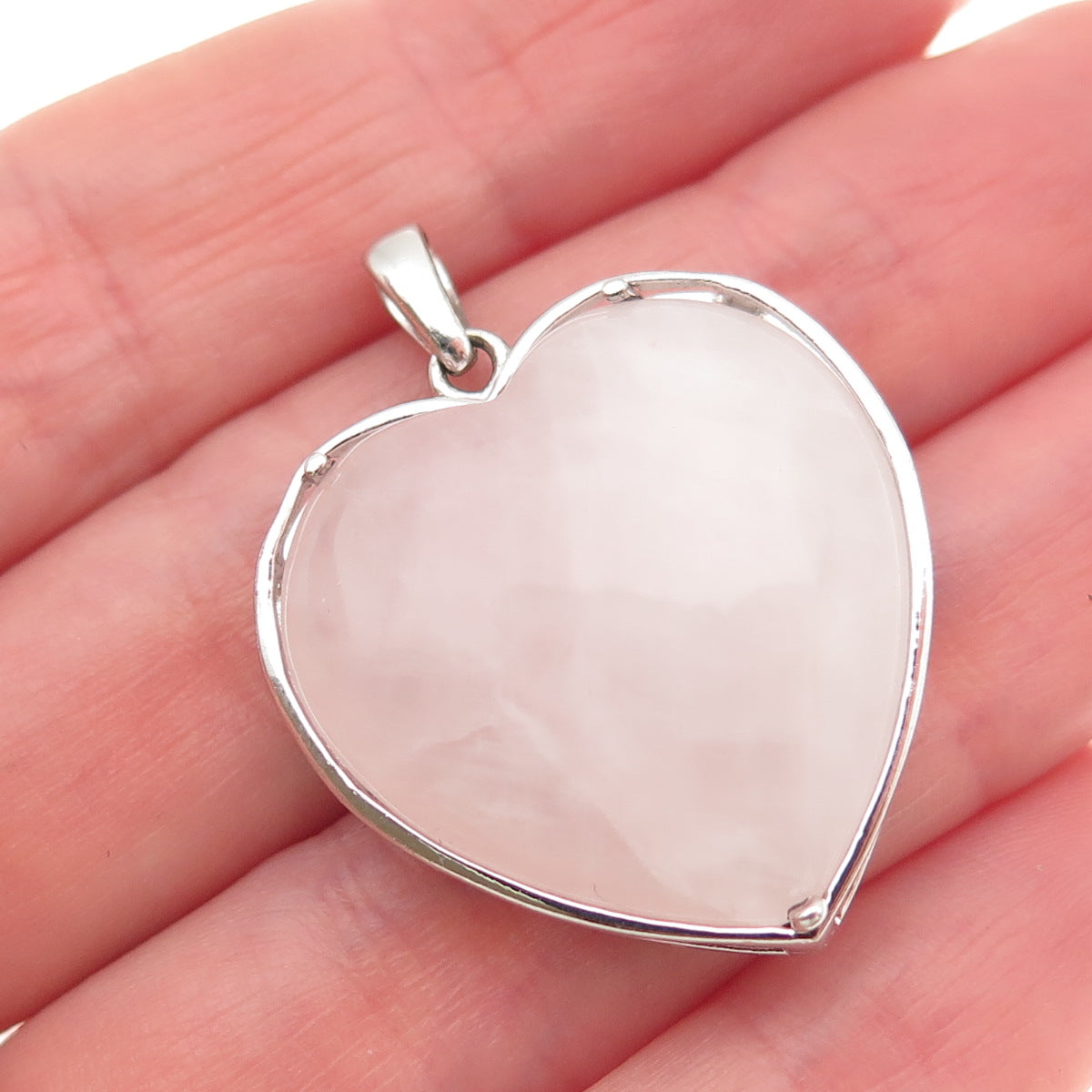 925 Sterling Real Rose Quartz & C Z Breast Cancer Awareness Hope Heart Pendant