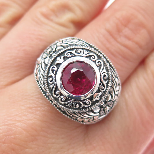 925 Sterling Silver Antique Art Deco Real Ruby Floral Oxidized Ring Size 10.25