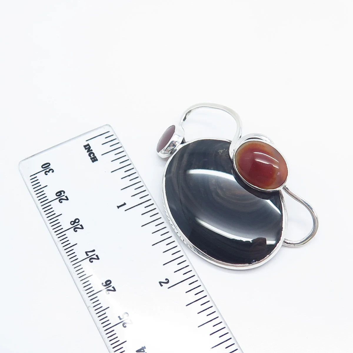 925 Sterling Silver Vintage Real Carnelian & Black Agate Gemstone Pin Brooch